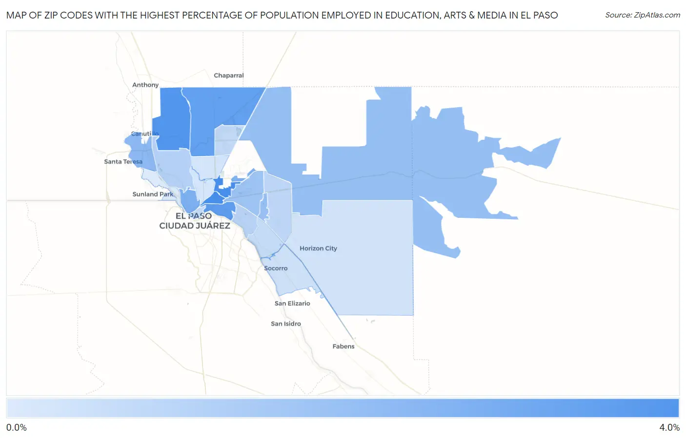 Zip Codes with the Highest Percentage of Population Employed in Education, Arts & Media in El Paso Map