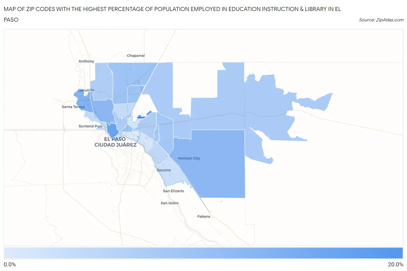 Zip Codes with the Highest Percentage of Population Employed in Education Instruction & Library in El Paso Map