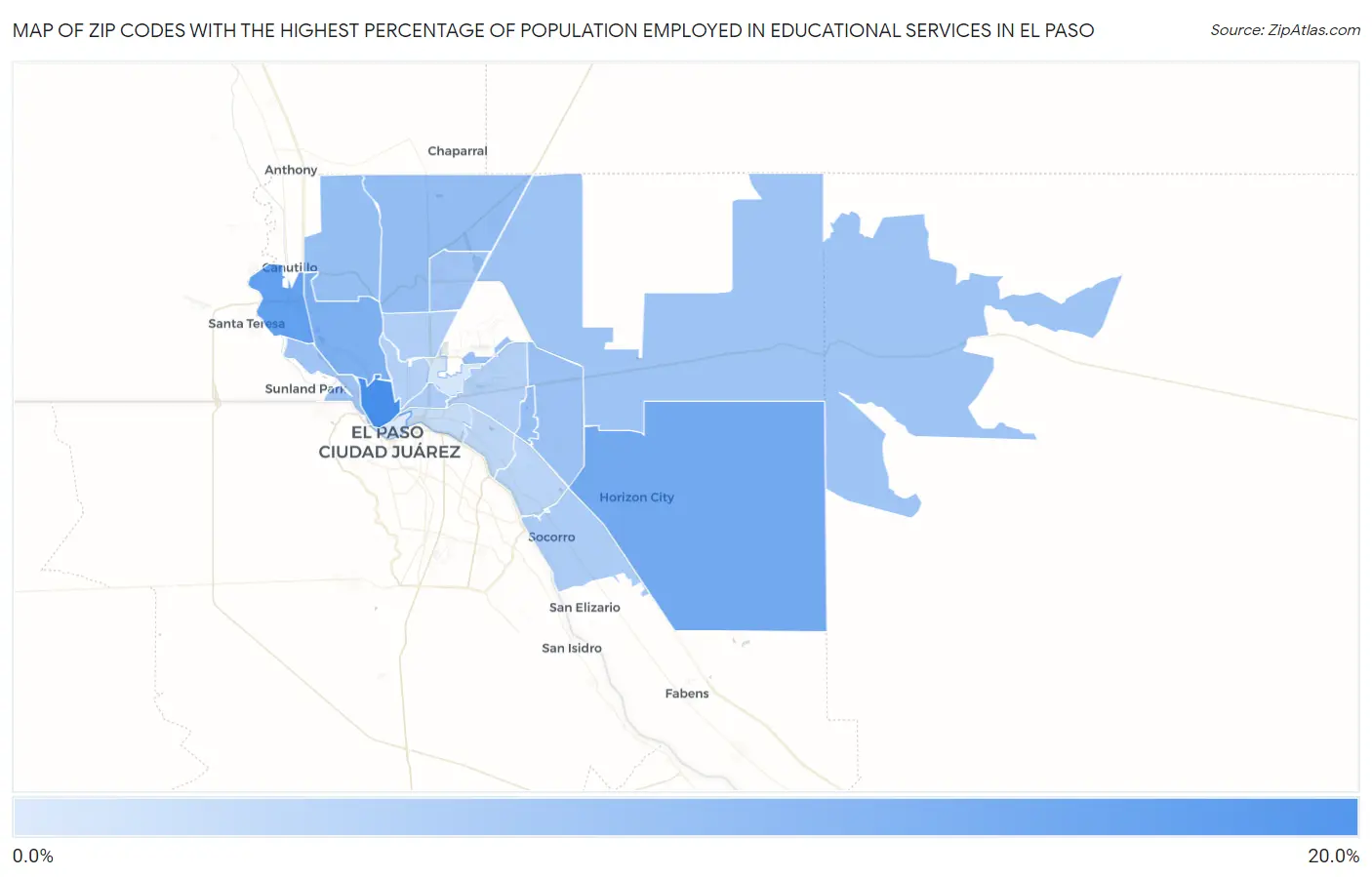 Zip Codes with the Highest Percentage of Population Employed in Educational Services in El Paso Map