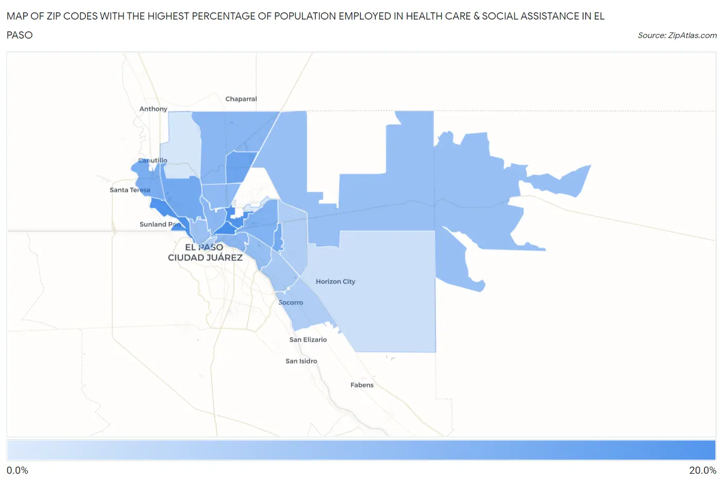 Zip Codes with the Highest Percentage of Population Employed in Health Care & Social Assistance in El Paso Map