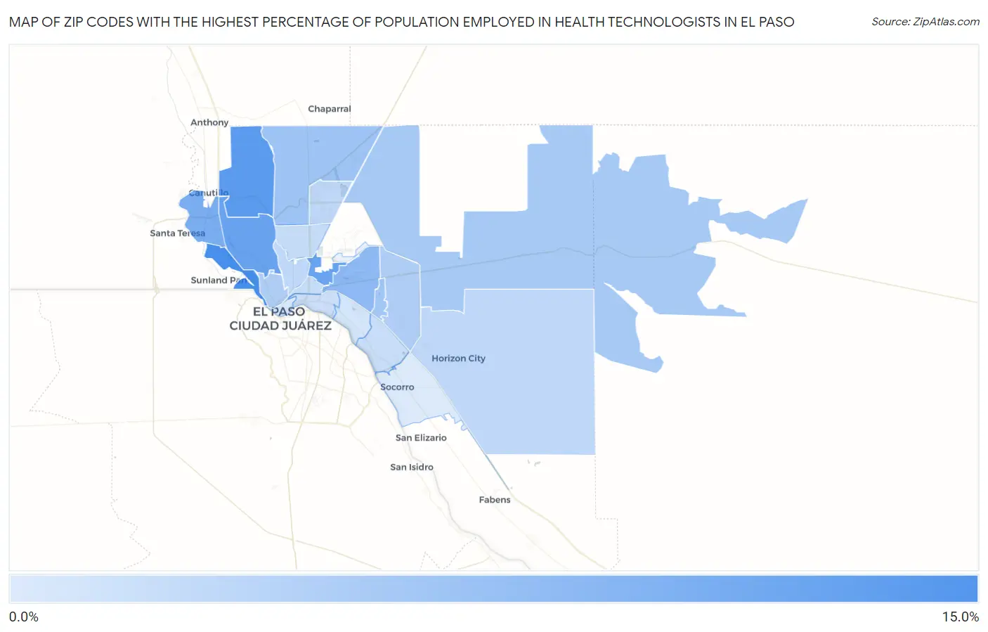 Zip Codes with the Highest Percentage of Population Employed in Health Technologists in El Paso Map