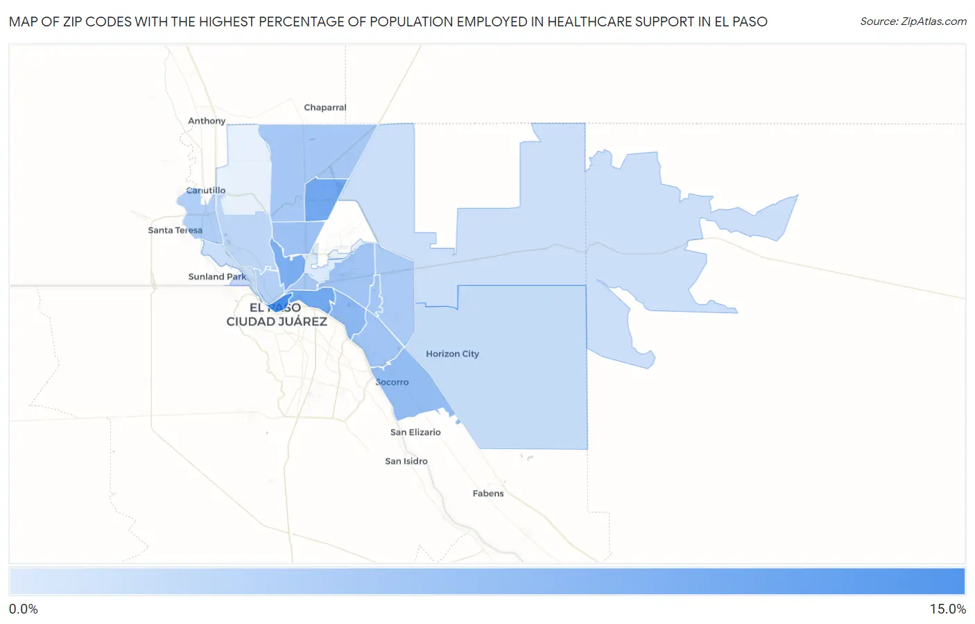 Zip Codes with the Highest Percentage of Population Employed in Healthcare Support in El Paso Map