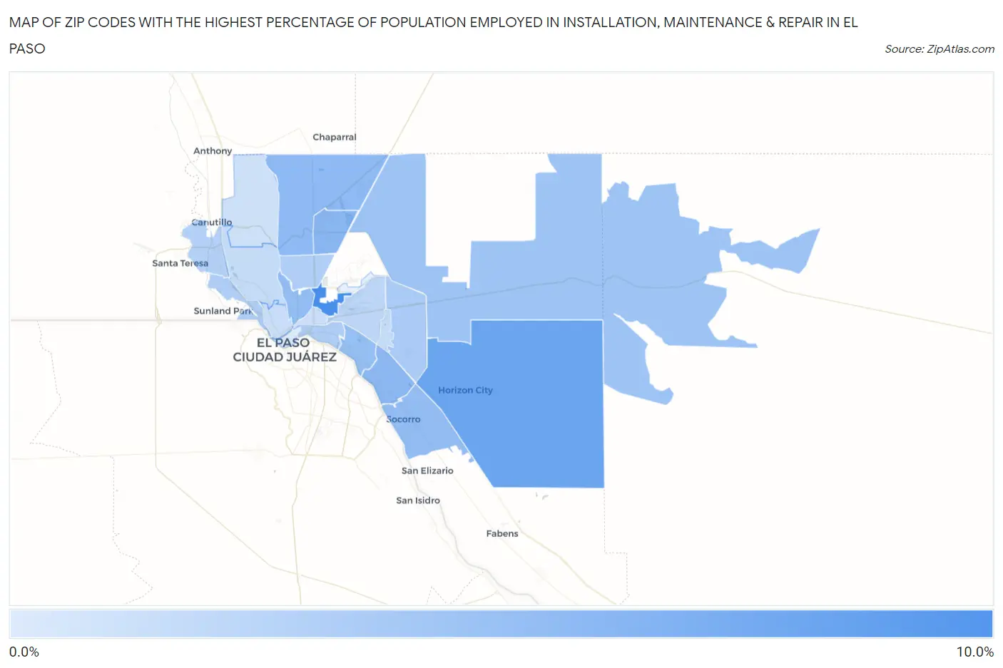 Zip Codes with the Highest Percentage of Population Employed in Installation, Maintenance & Repair in El Paso Map