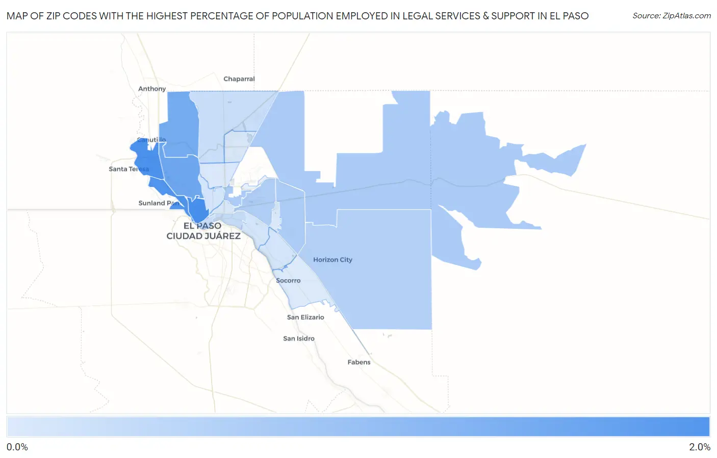 Zip Codes with the Highest Percentage of Population Employed in Legal Services & Support in El Paso Map