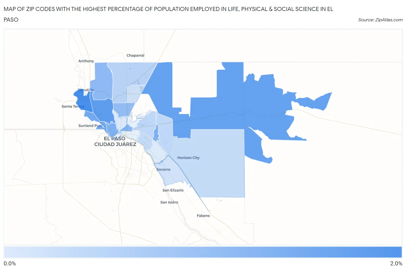 Zip Codes with the Highest Percentage of Population Employed in Life, Physical & Social Science in El Paso Map