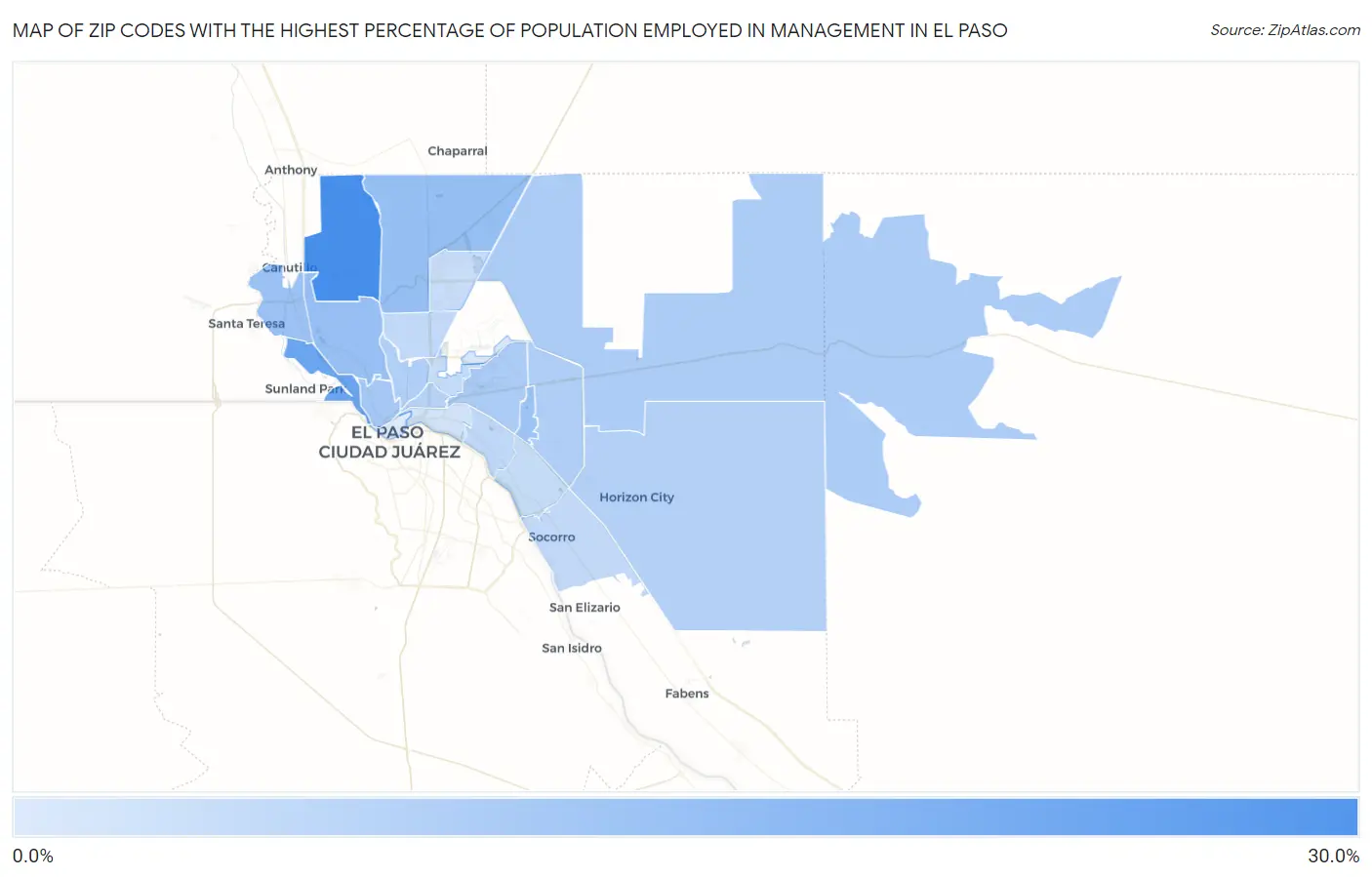 Zip Codes with the Highest Percentage of Population Employed in Management in El Paso Map