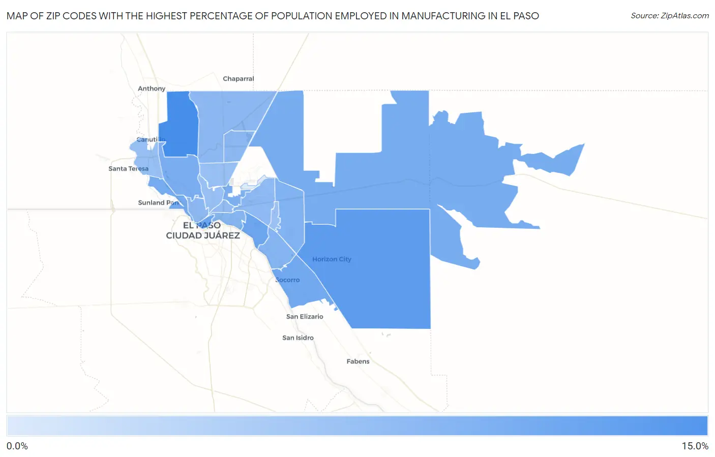 Zip Codes with the Highest Percentage of Population Employed in Manufacturing in El Paso Map