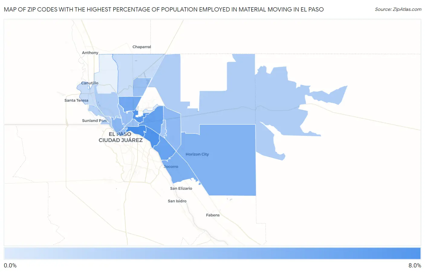 Zip Codes with the Highest Percentage of Population Employed in Material Moving in El Paso Map