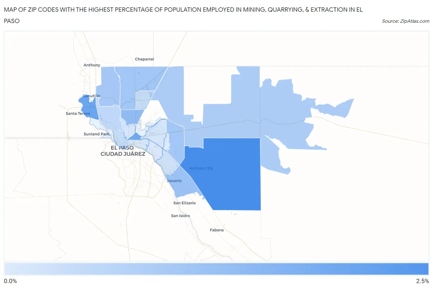 Zip Codes with the Highest Percentage of Population Employed in Mining, Quarrying, & Extraction in El Paso Map