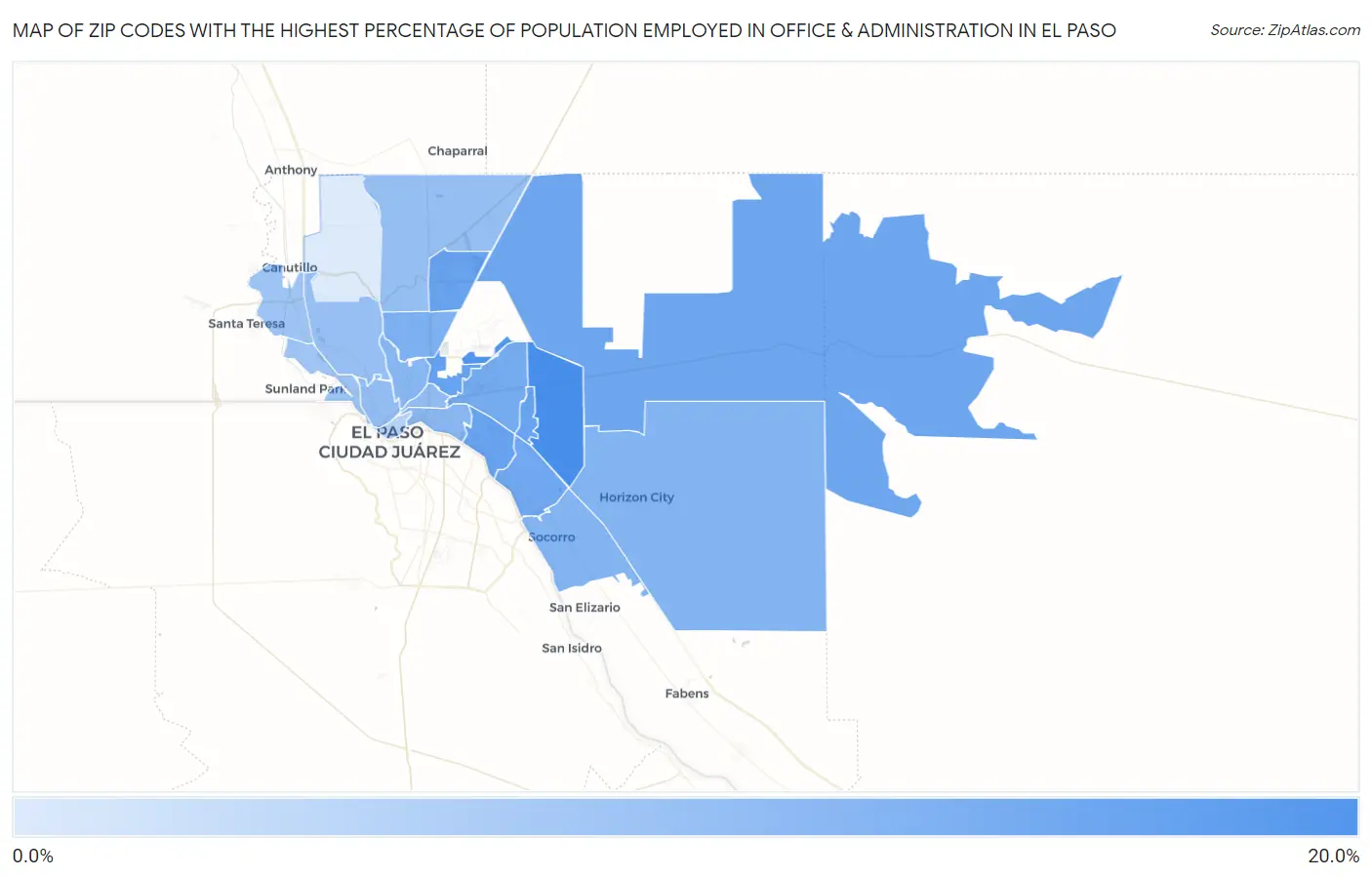 Zip Codes with the Highest Percentage of Population Employed in Office & Administration in El Paso Map