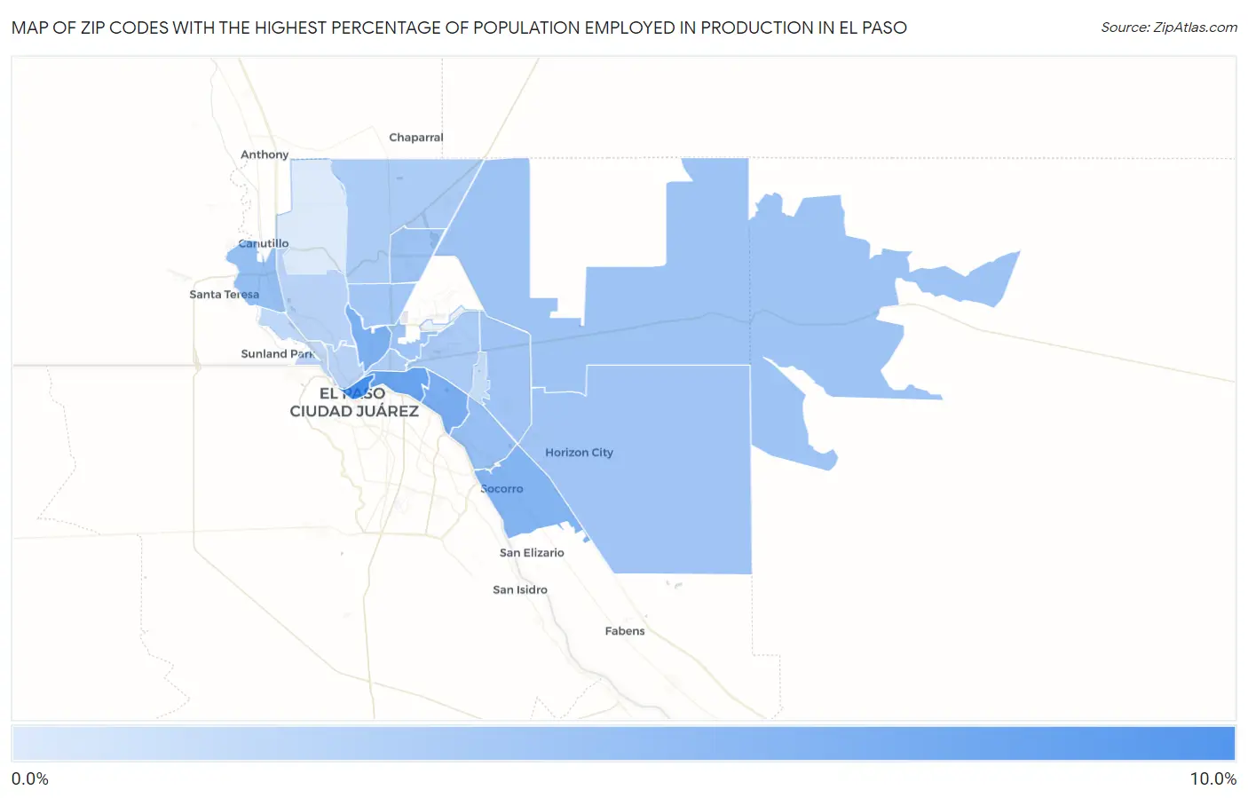 Zip Codes with the Highest Percentage of Population Employed in Production in El Paso Map