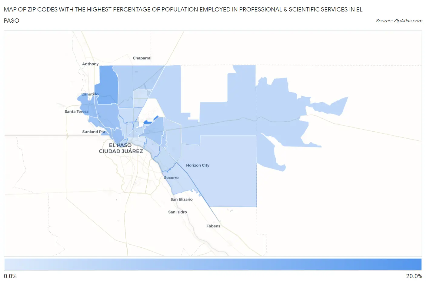 Zip Codes with the Highest Percentage of Population Employed in Professional & Scientific Services in El Paso Map