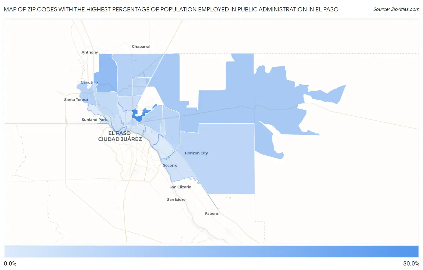 Zip Codes with the Highest Percentage of Population Employed in Public Administration in El Paso Map