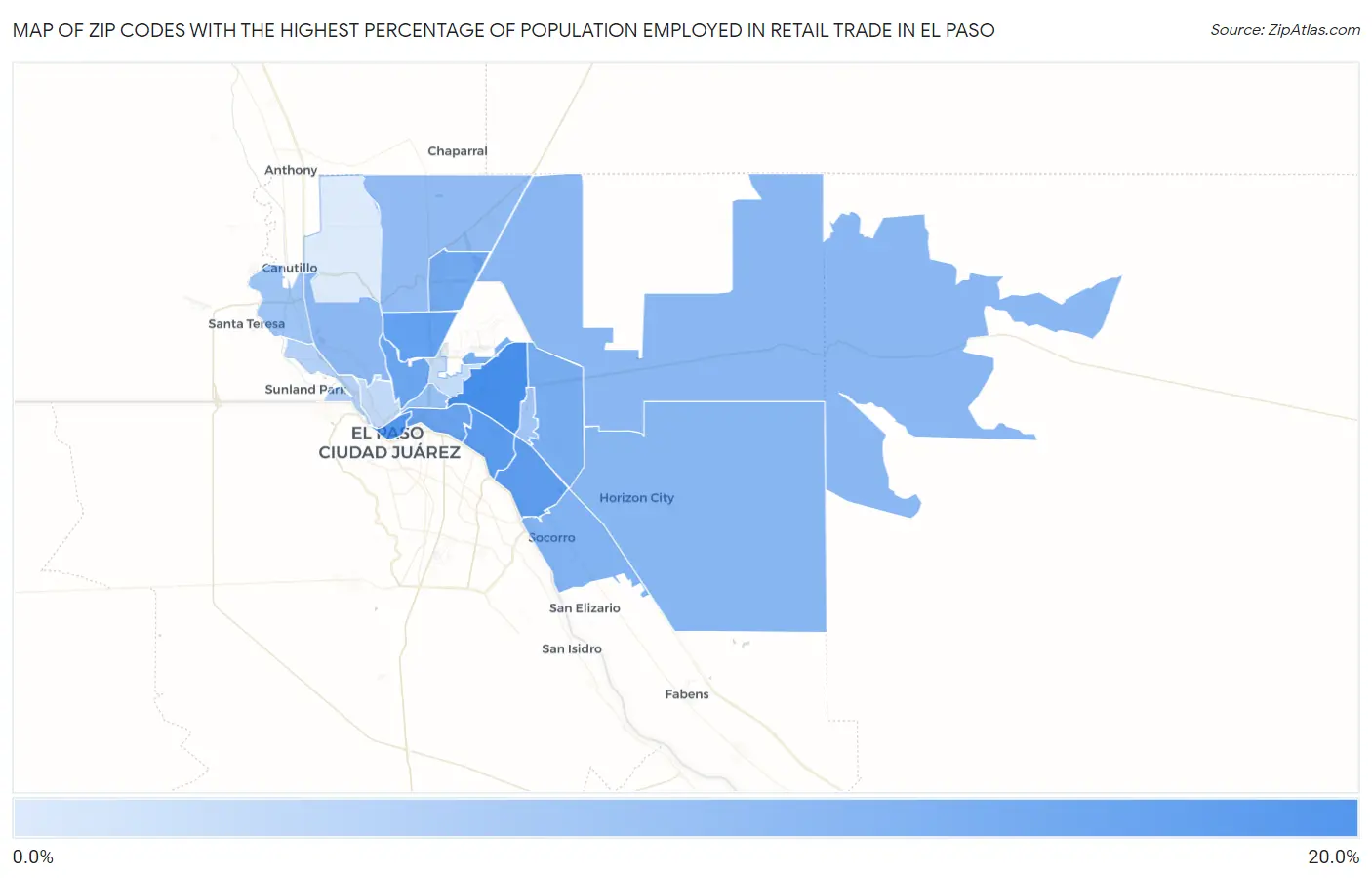 Zip Codes with the Highest Percentage of Population Employed in Retail Trade in El Paso Map