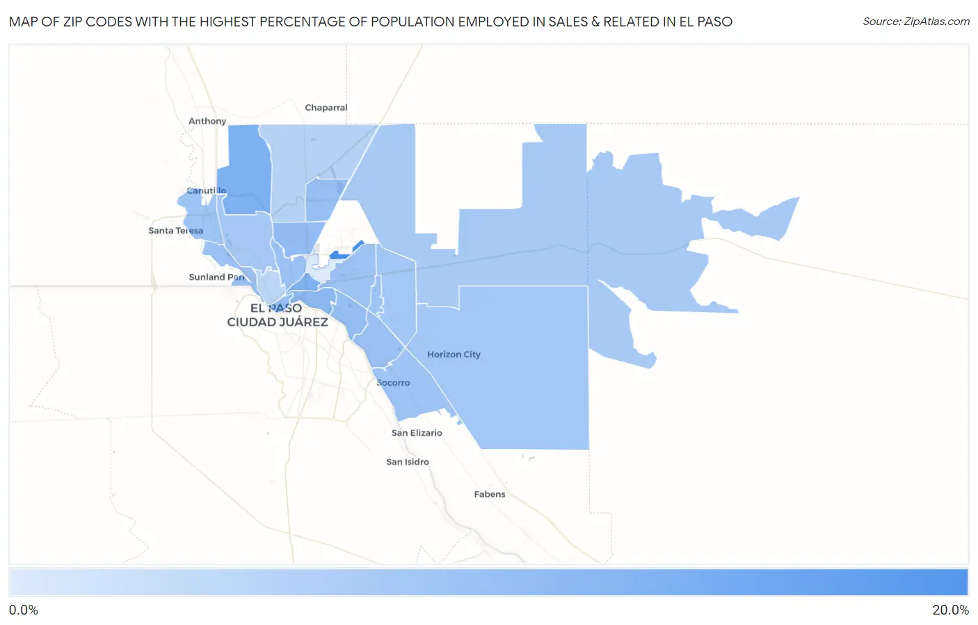 Zip Codes with the Highest Percentage of Population Employed in Sales & Related in El Paso Map