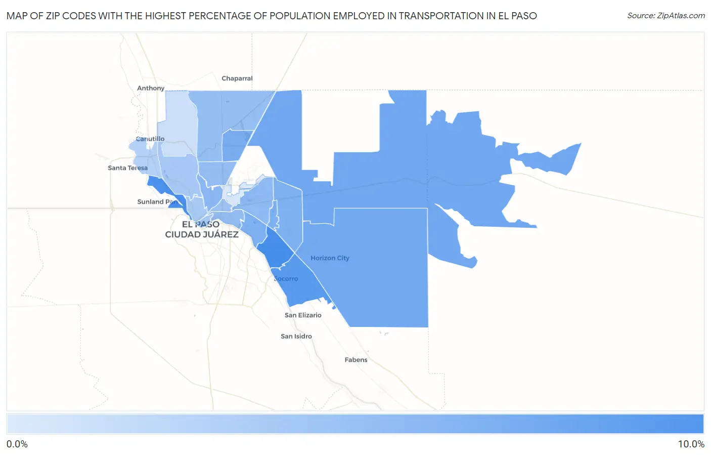 Zip Codes with the Highest Percentage of Population Employed in Transportation in El Paso Map