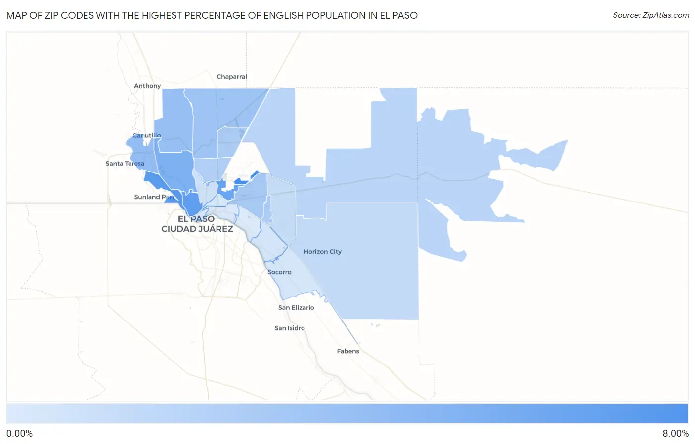 Zip Codes with the Highest Percentage of English Population in El Paso Map