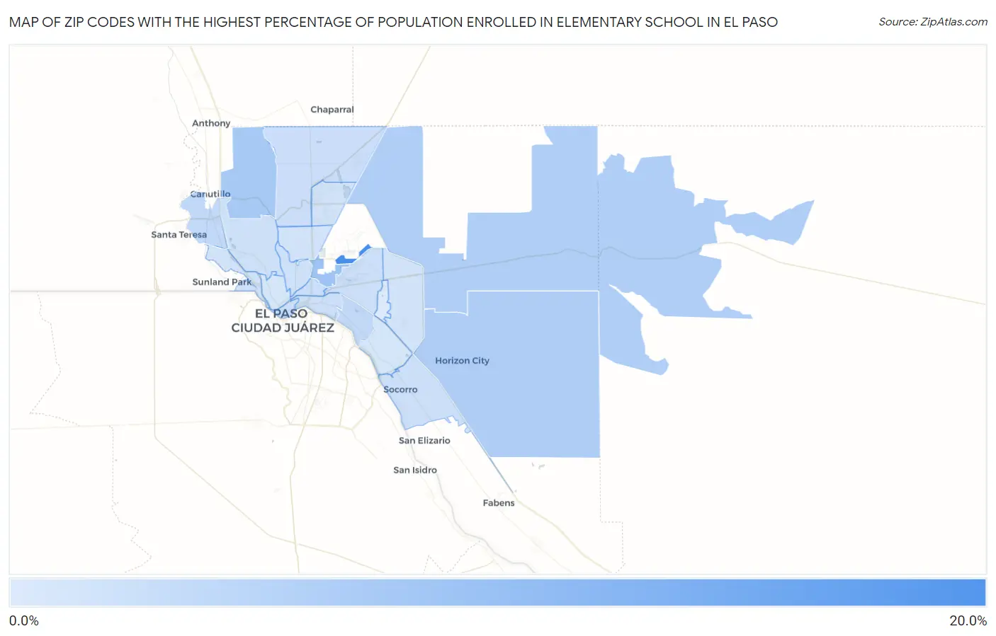Zip Codes with the Highest Percentage of Population Enrolled in Elementary School in El Paso Map