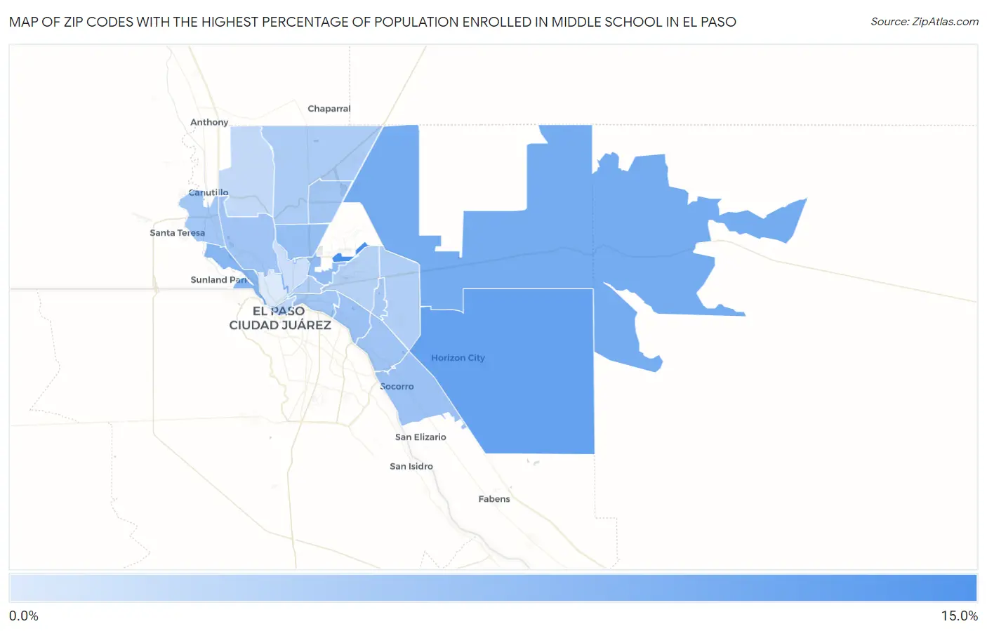 Zip Codes with the Highest Percentage of Population Enrolled in Middle School in El Paso Map