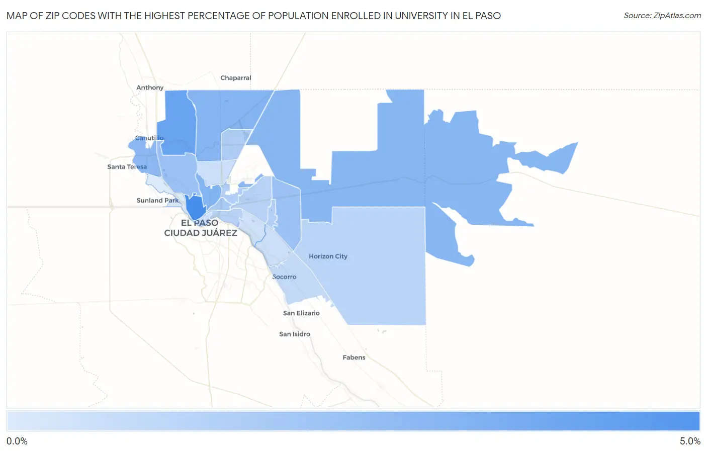 Zip Codes with the Highest Percentage of Population Enrolled in University in El Paso Map