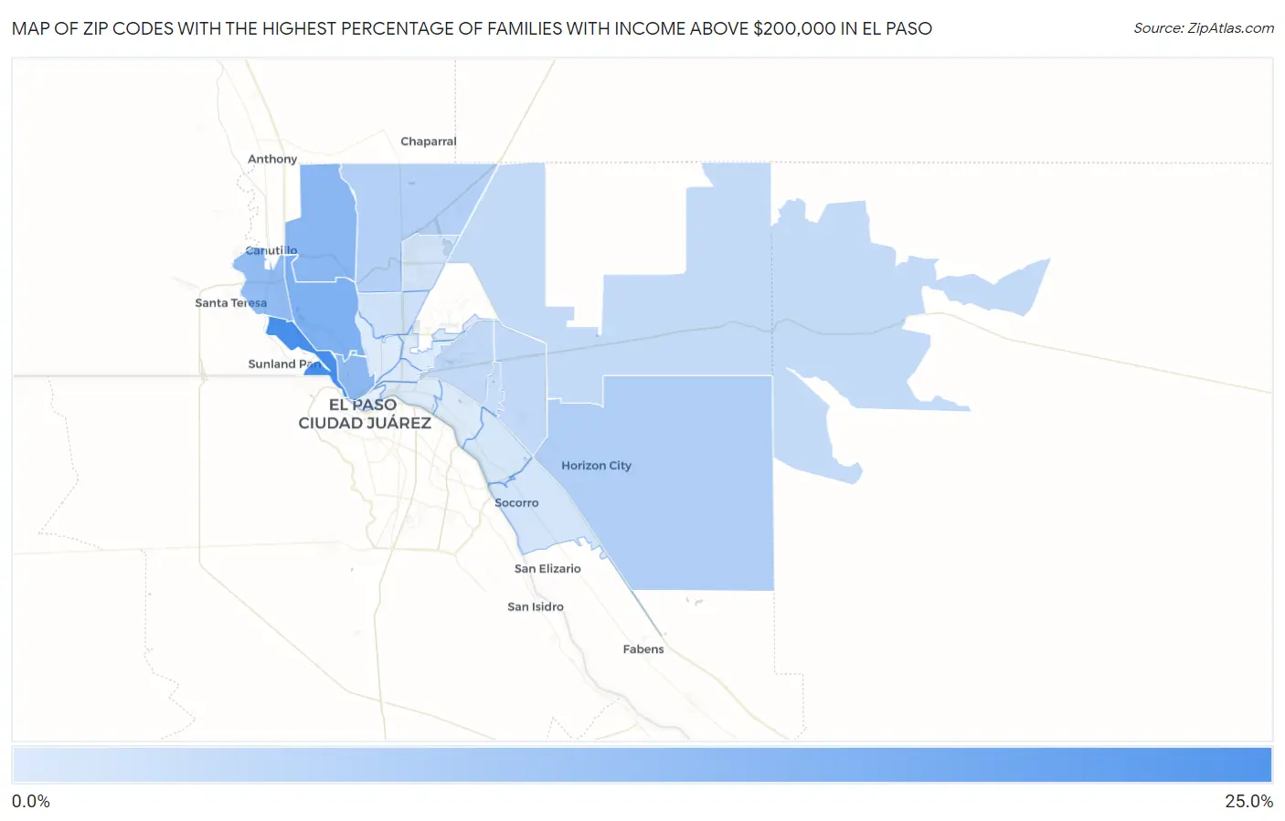 Zip Codes with the Highest Percentage of Families with Income Above $200,000 in El Paso Map