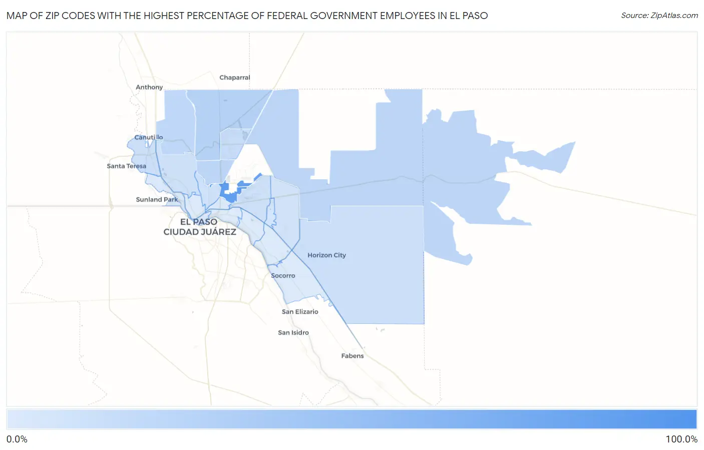 Zip Codes with the Highest Percentage of Federal Government Employees in El Paso Map