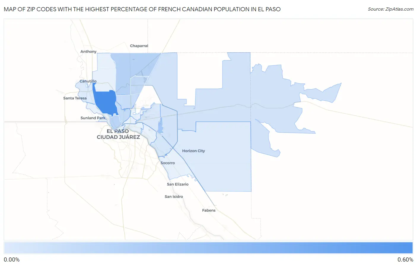 Zip Codes with the Highest Percentage of French Canadian Population in El Paso Map