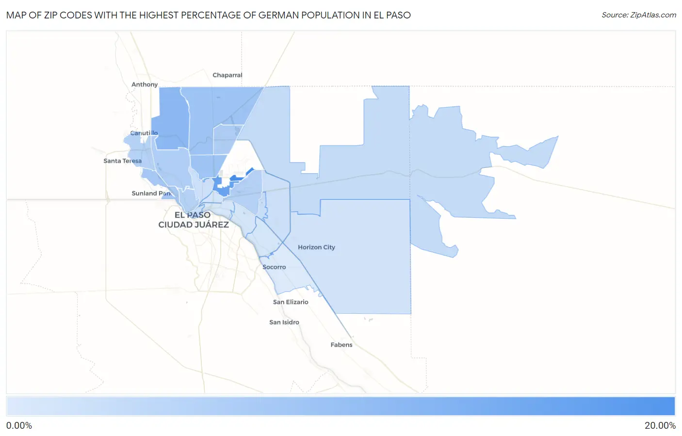 Zip Codes with the Highest Percentage of German Population in El Paso Map