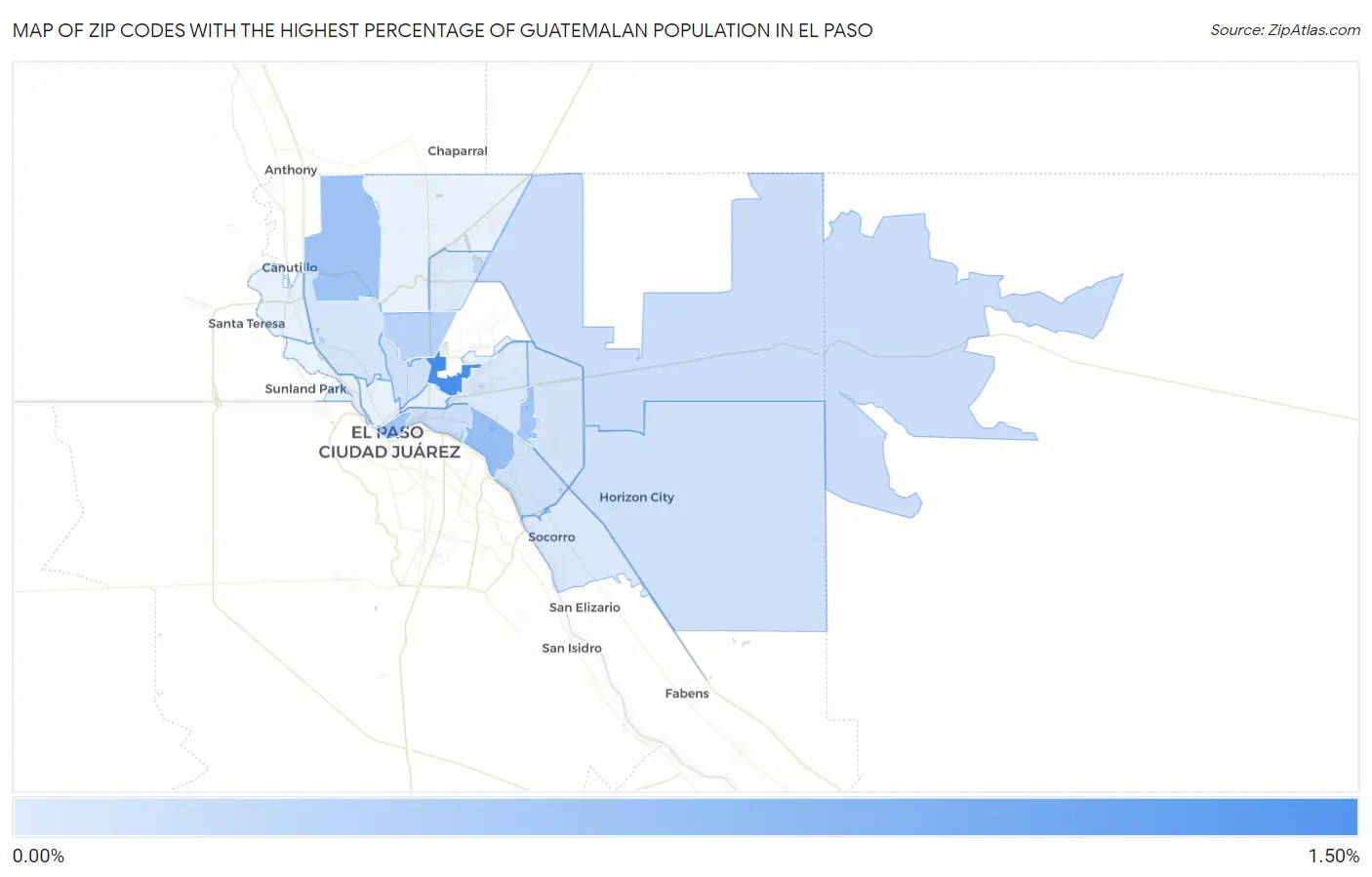 Zip Codes with the Highest Percentage of Guatemalan Population in El Paso Map