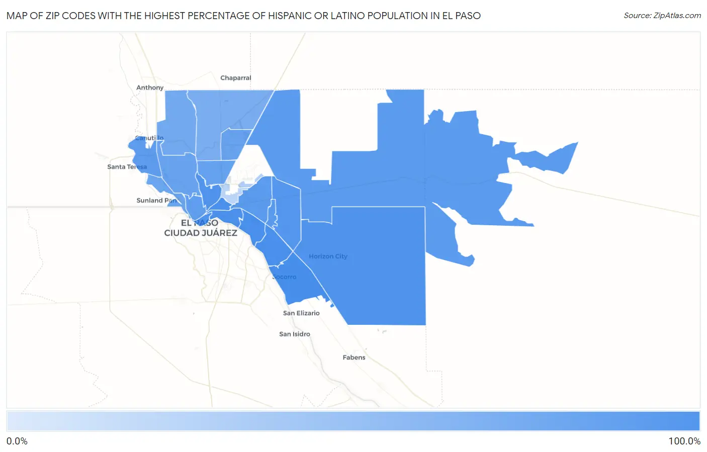 Zip Codes with the Highest Percentage of Hispanic or Latino Population in El Paso Map