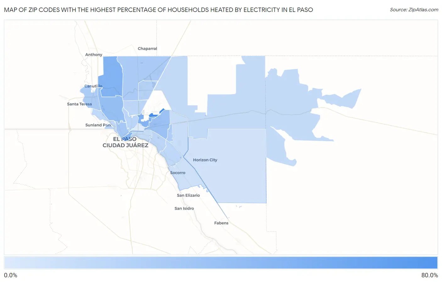 Zip Codes with the Highest Percentage of Households Heated by Electricity in El Paso Map