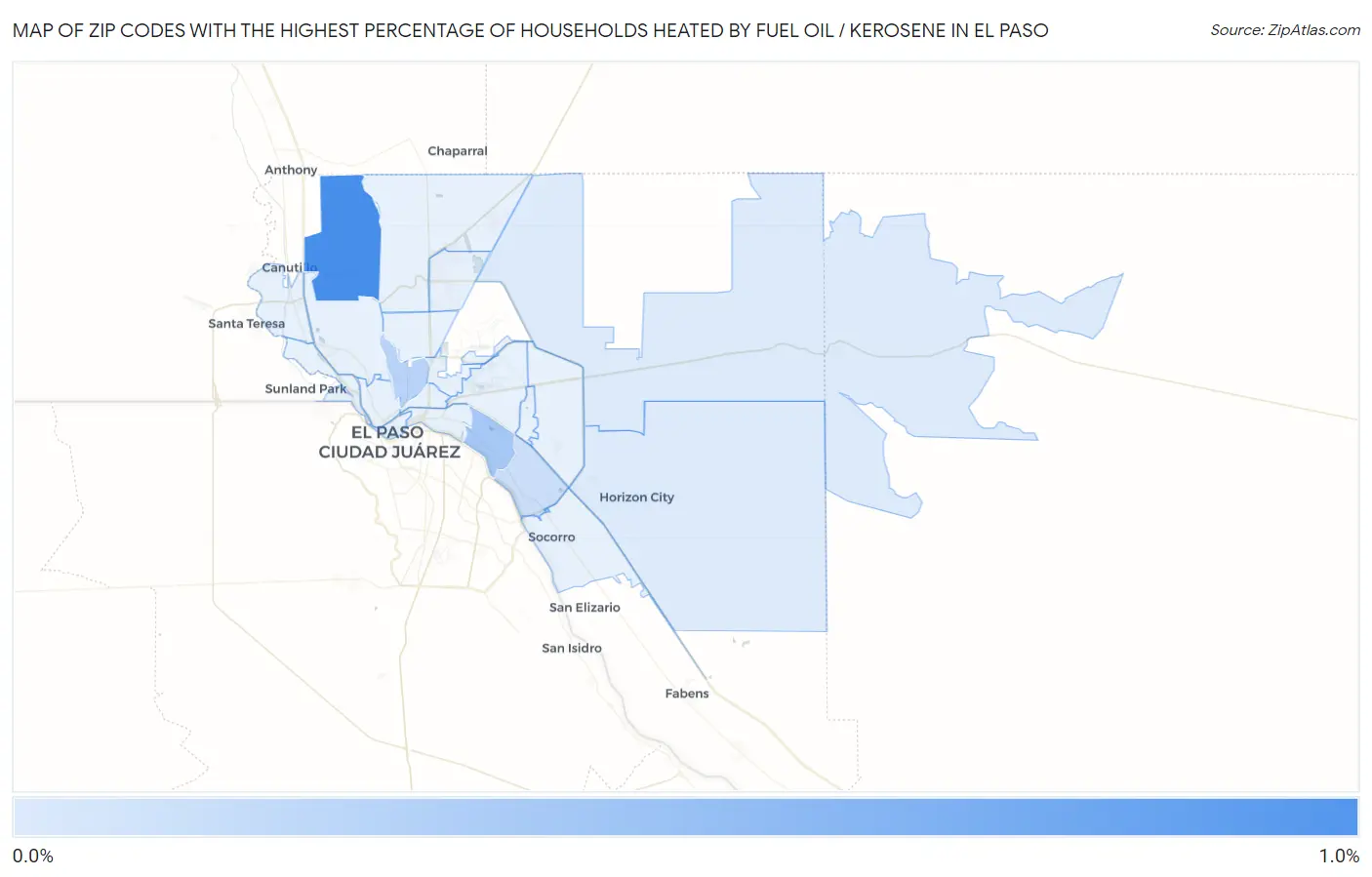 Zip Codes with the Highest Percentage of Households Heated by Fuel Oil / Kerosene in El Paso Map