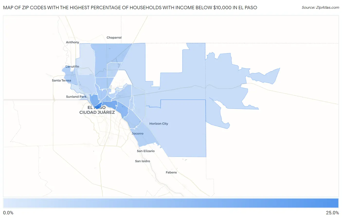 Zip Codes with the Highest Percentage of Households with Income Below $10,000 in El Paso Map