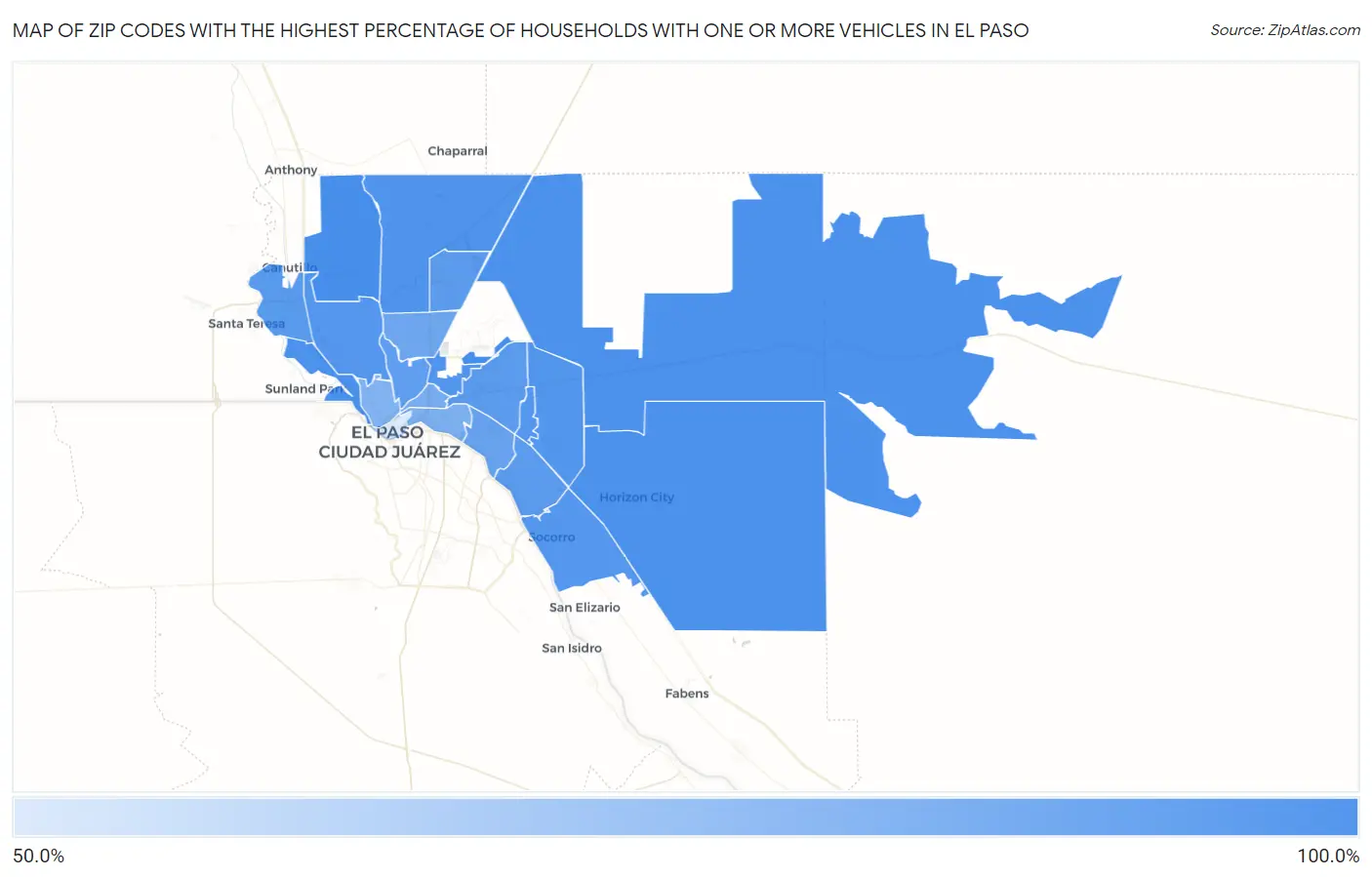 Zip Codes with the Highest Percentage of Households With One or more Vehicles in El Paso Map