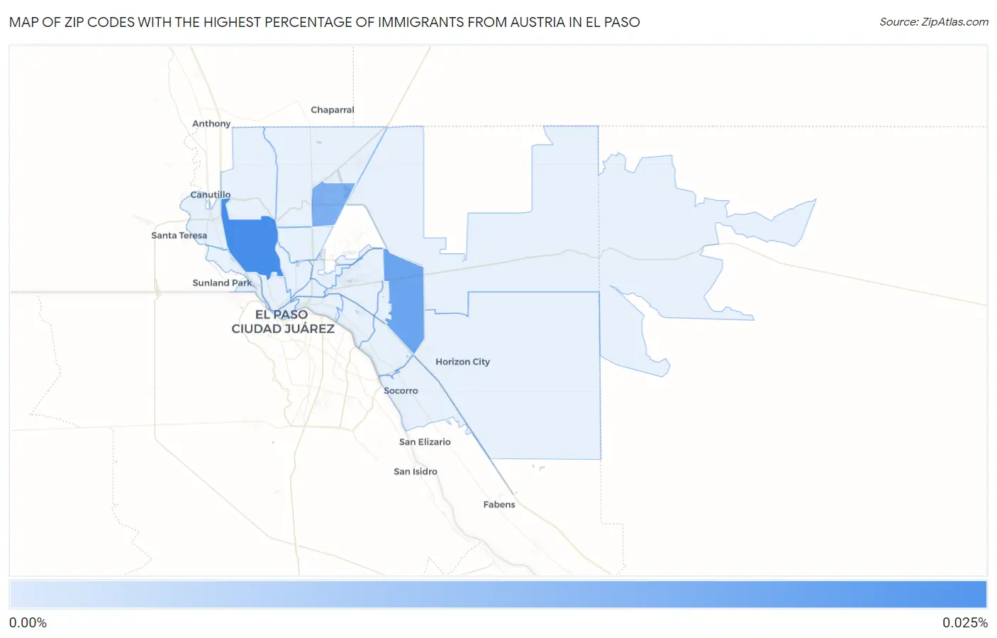 Zip Codes with the Highest Percentage of Immigrants from Austria in El Paso Map