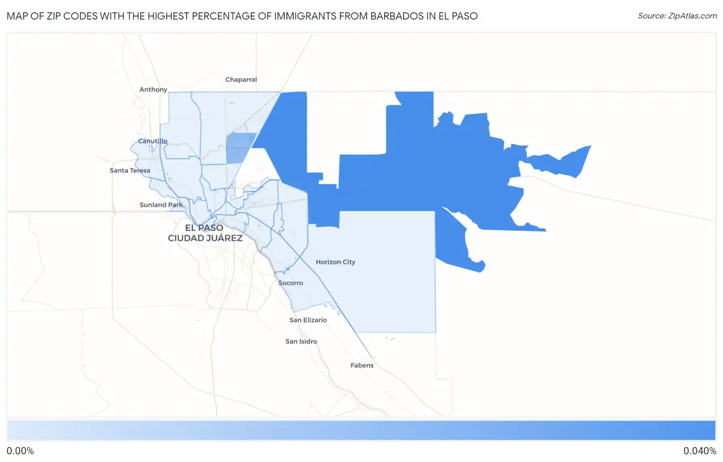 Zip Codes with the Highest Percentage of Immigrants from Barbados in El Paso Map
