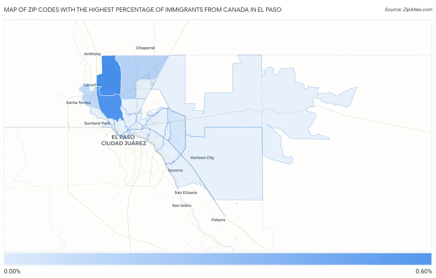 Zip Codes with the Highest Percentage of Immigrants from Canada in El Paso Map