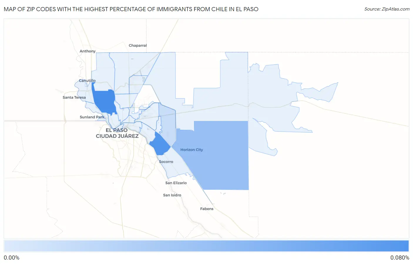 Zip Codes with the Highest Percentage of Immigrants from Chile in El Paso Map