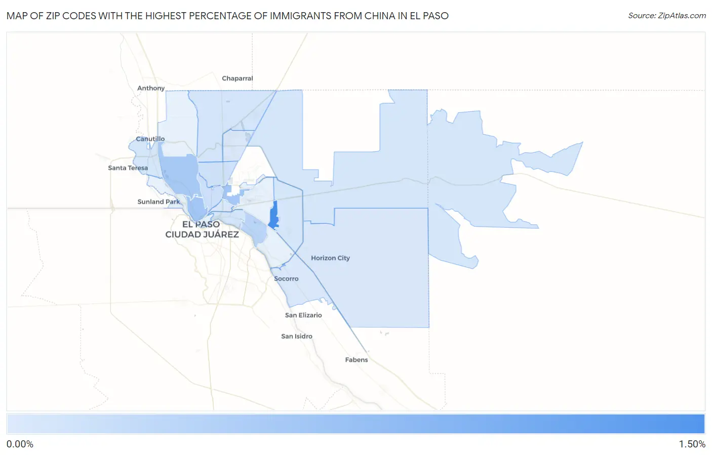 Zip Codes with the Highest Percentage of Immigrants from China in El Paso Map