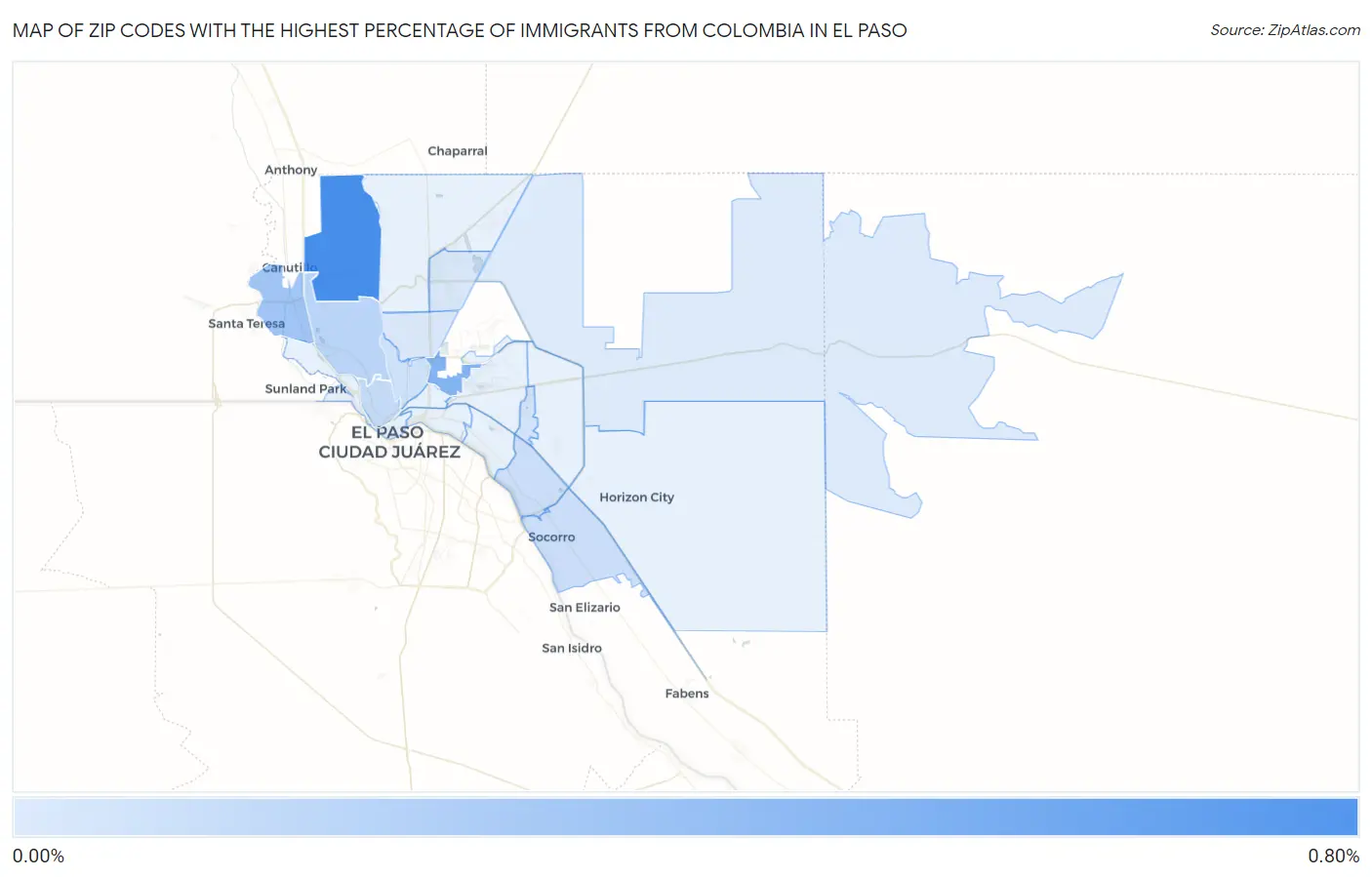 Zip Codes with the Highest Percentage of Immigrants from Colombia in El Paso Map