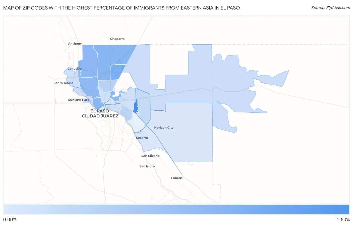 Zip Codes with the Highest Percentage of Immigrants from Eastern Asia in El Paso Map