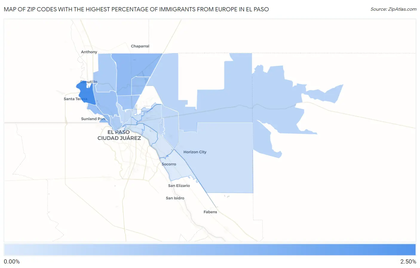 Zip Codes with the Highest Percentage of Immigrants from Europe in El Paso Map