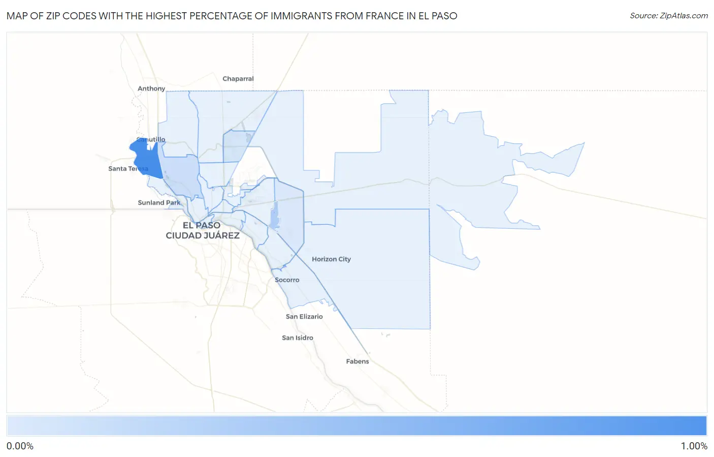 Zip Codes with the Highest Percentage of Immigrants from France in El Paso Map