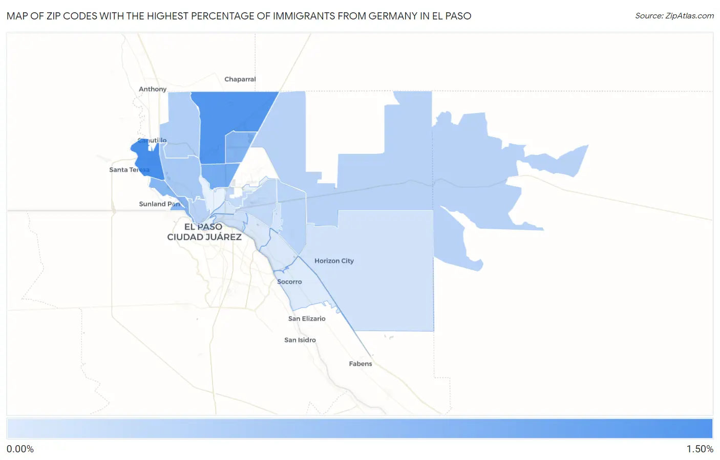 Zip Codes with the Highest Percentage of Immigrants from Germany in El Paso Map