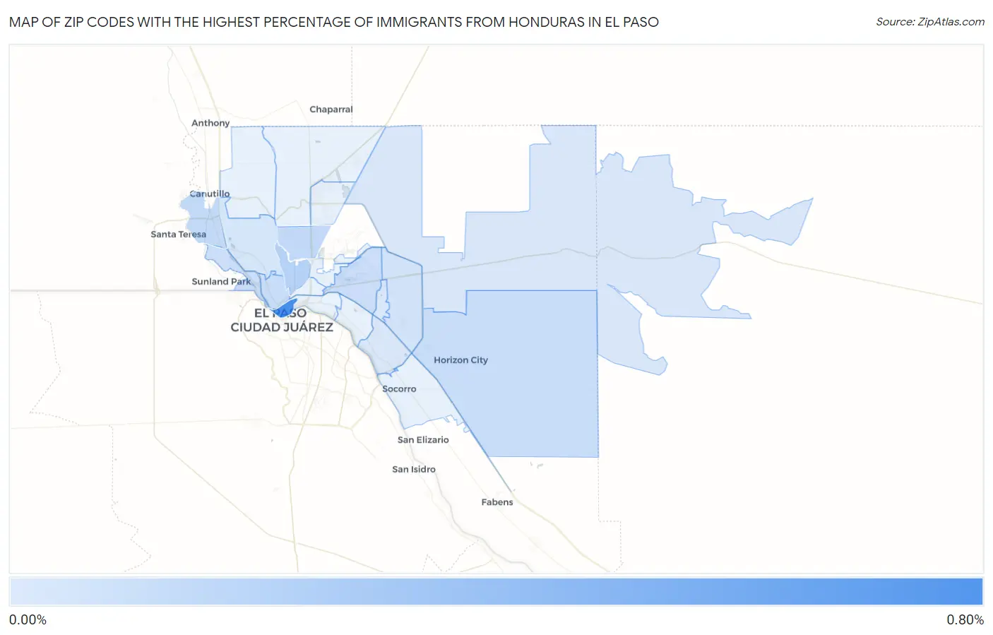 Zip Codes with the Highest Percentage of Immigrants from Honduras in El Paso Map