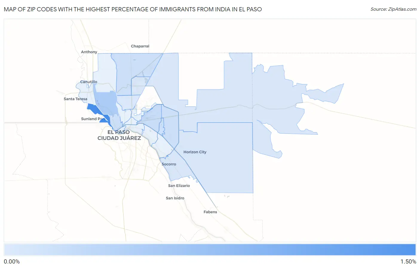 Zip Codes with the Highest Percentage of Immigrants from India in El Paso Map