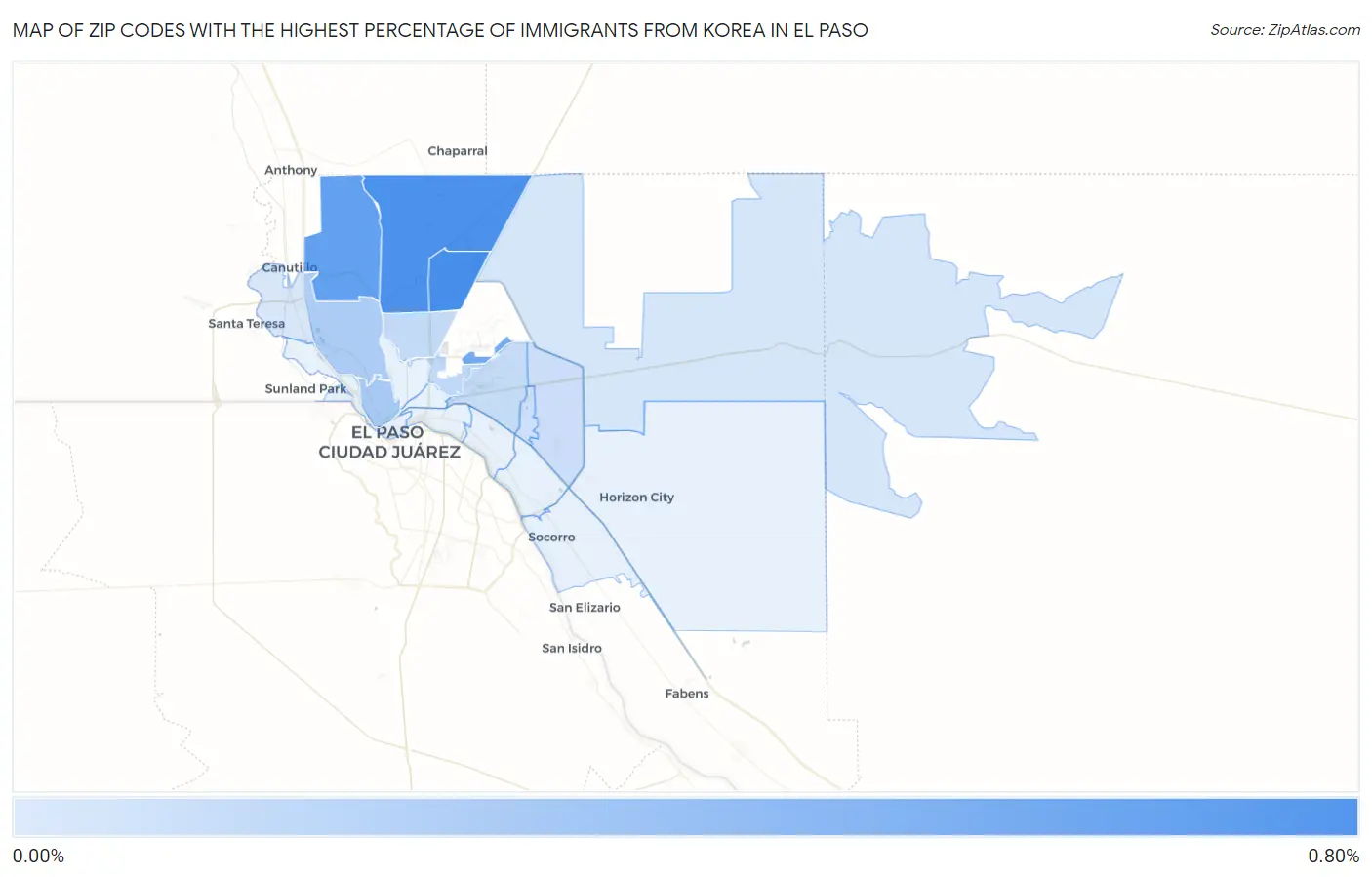 Zip Codes with the Highest Percentage of Immigrants from Korea in El Paso Map