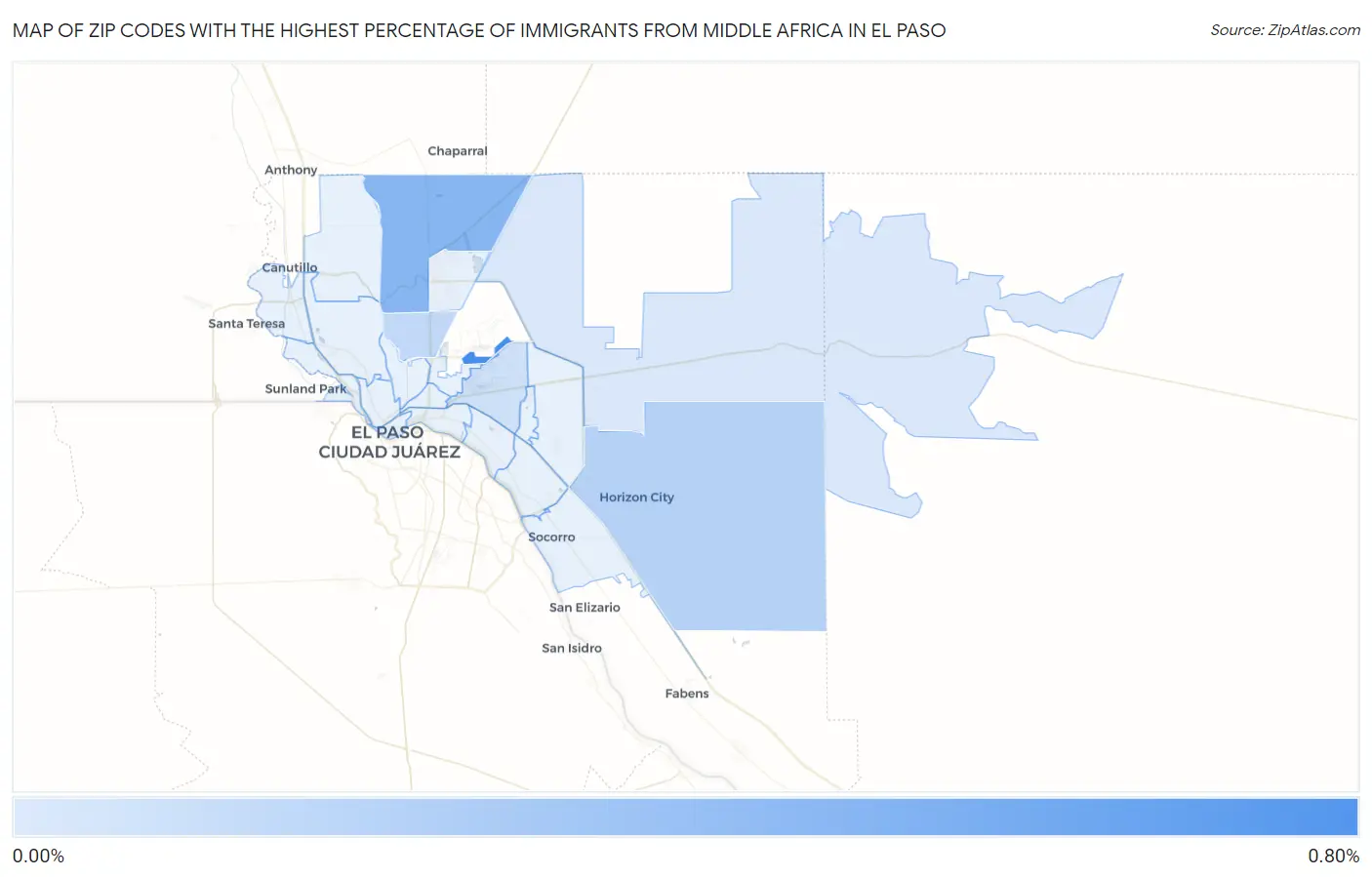 Zip Codes with the Highest Percentage of Immigrants from Middle Africa in El Paso Map