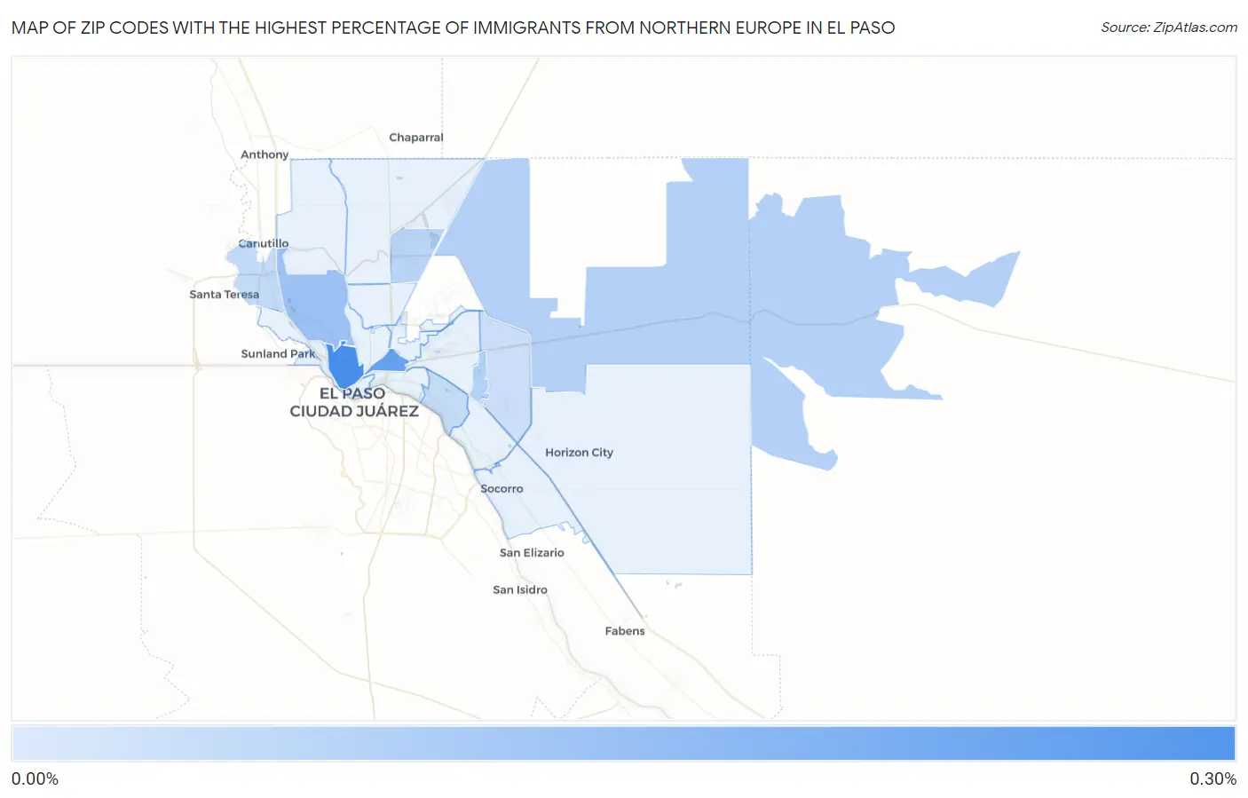 Zip Codes with the Highest Percentage of Immigrants from Northern Europe in El Paso Map