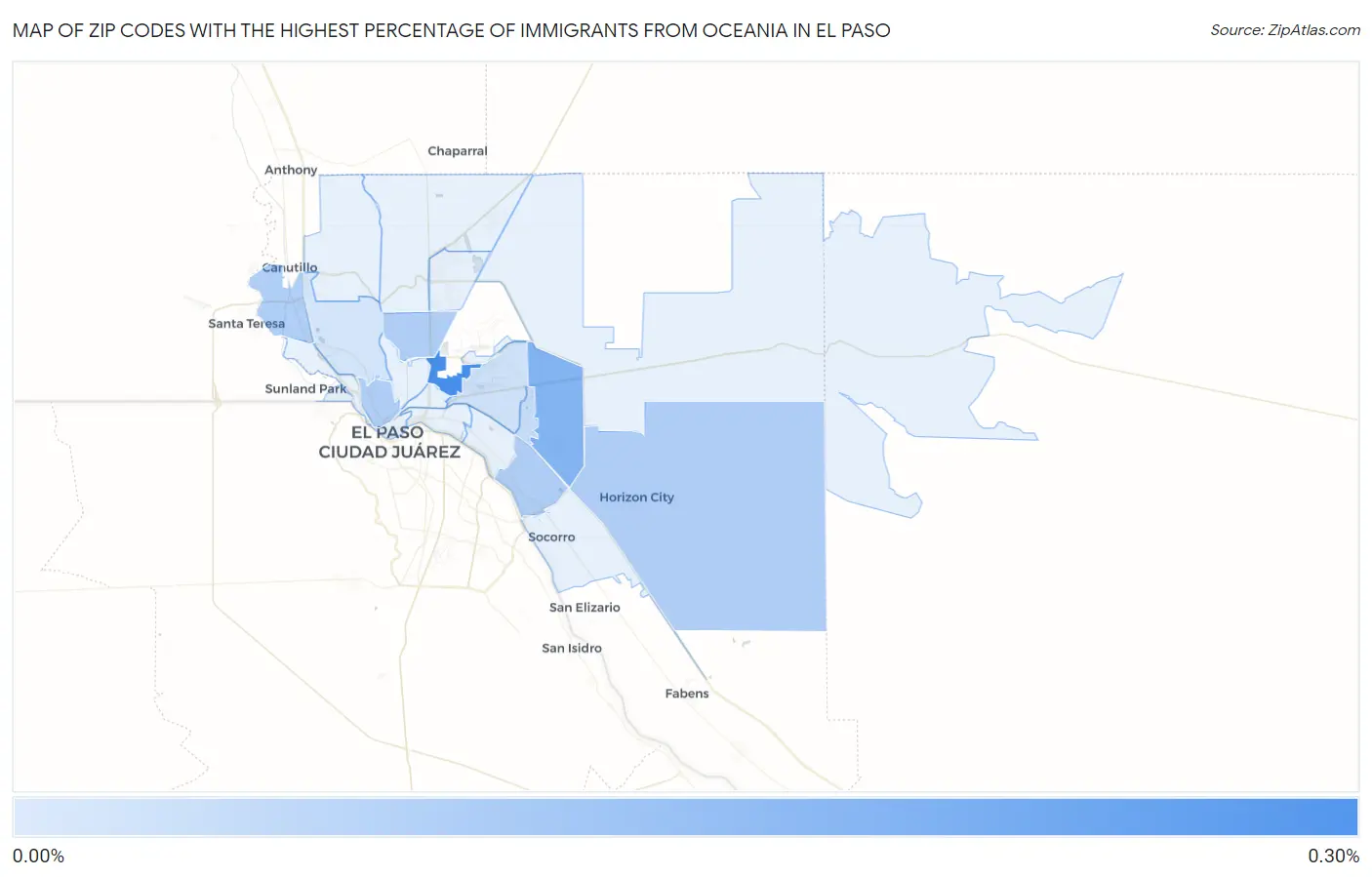 Zip Codes with the Highest Percentage of Immigrants from Oceania in El Paso Map